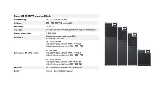 Eaton 93T UPS, tower units display with specifications diagram