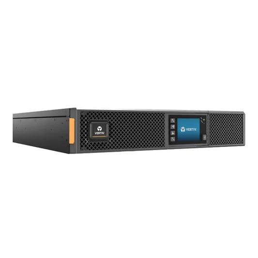 Vertiv Liebert GXT5-750IRT2UXL 750VA Online Double Conversion UPS, 2u rackmount ups with display, angled perspective