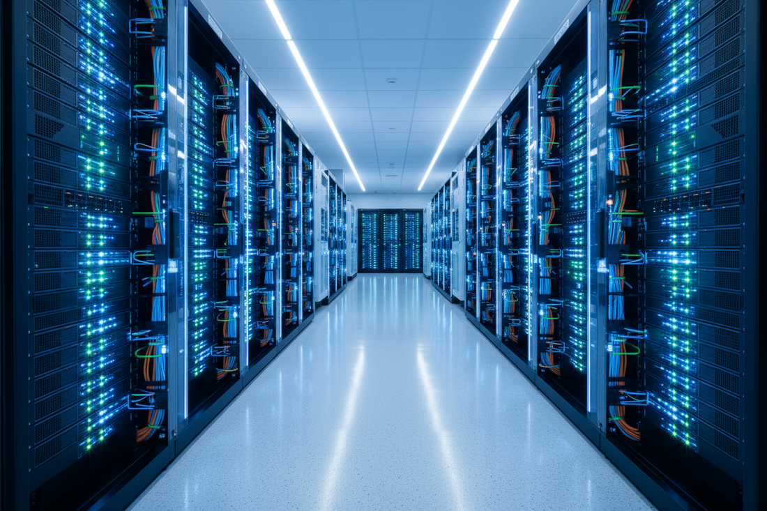 Server room with rows of rack-mounted servers and network cabling requiring UPS power protection - Indigi Power & Cooling Australia