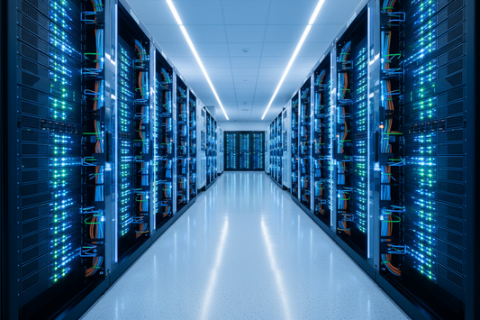 Server room with rows of rack-mounted servers and network cabling requiring UPS power protection - Indigi Power & Cooling Australia
