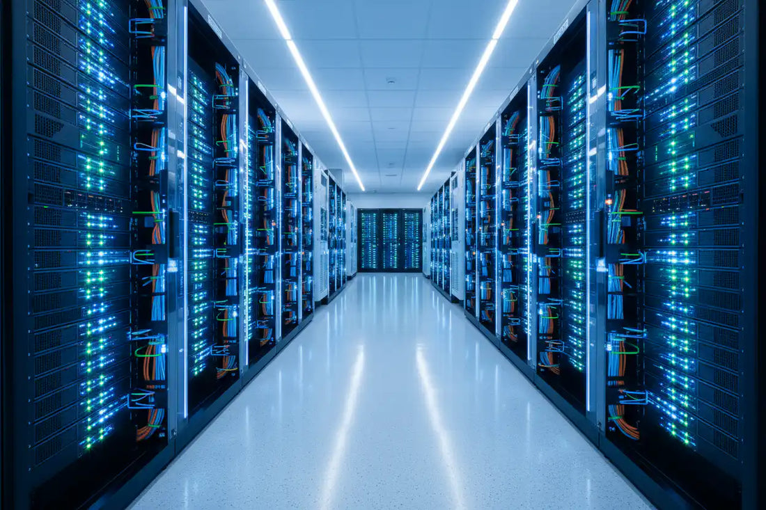 Server room with rows of rack-mounted servers and network cabling requiring UPS power protection - Indigi Power & Cooling Australia