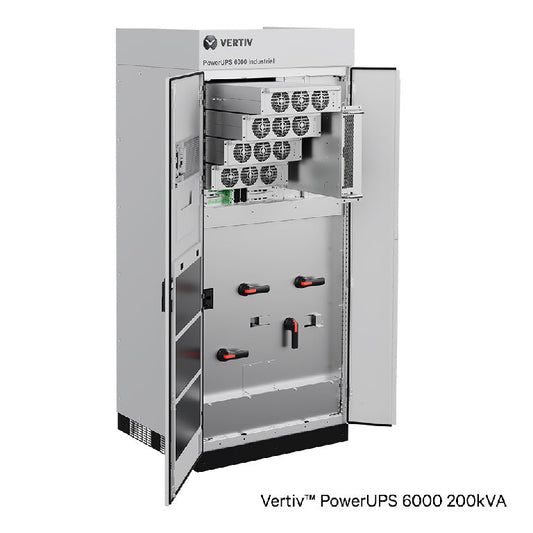 Vertiv PowerUPS 6000 Industrial 200kVA three-phase UPS cabinet with doors open showing modular power modules and bypass switches - industrial ruggedised UPS Australia