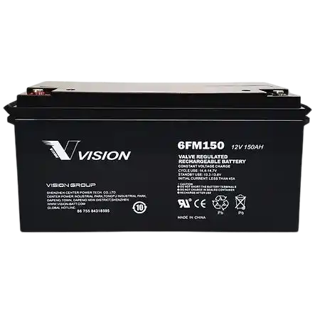Vision 6FM150-X 12V 150AH | FM Series | Replacement Battery, rectangular battery with metal terminals, angled view