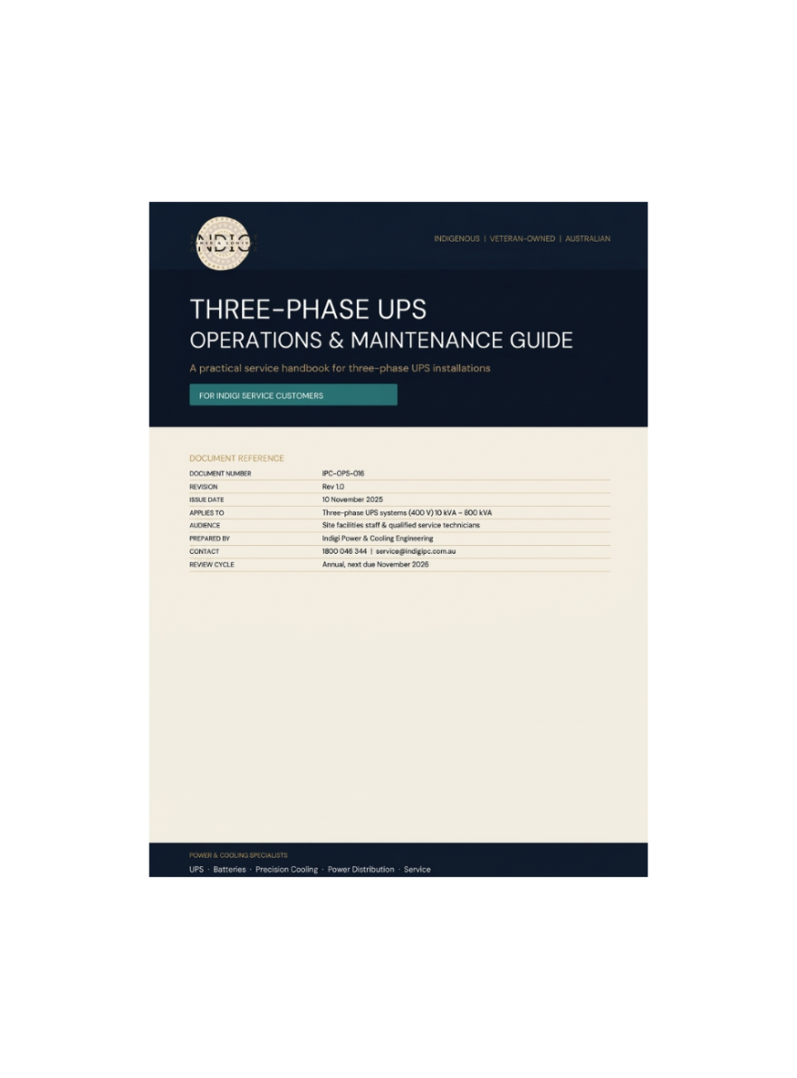 Indigi Power & Cooling Three-Phase UPS Operations and Maintenance Guide cover for 400V critical power systems, UPS servicing, battery maintenance, and preventative maintenance across Australia and PNG.