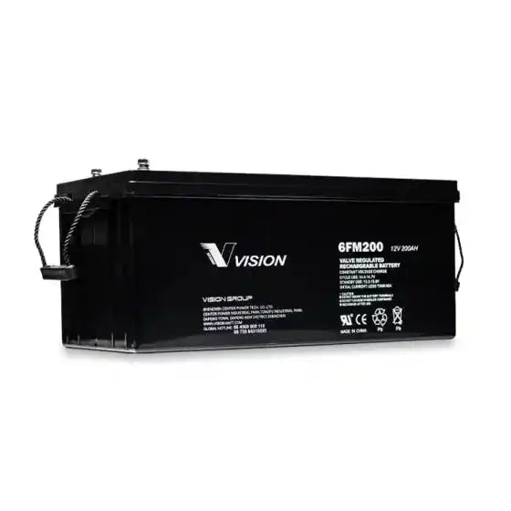 Vision 6FM200 12V 200AH | FM SERIES | Vision Battery, angled view of large rectangular battery