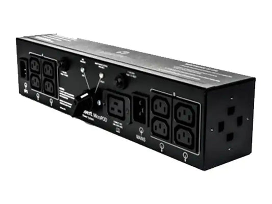MicroPOD with IEC60320-C14 input, (8) IEC60320-C13 output, angled view of horizontal black power outlet box