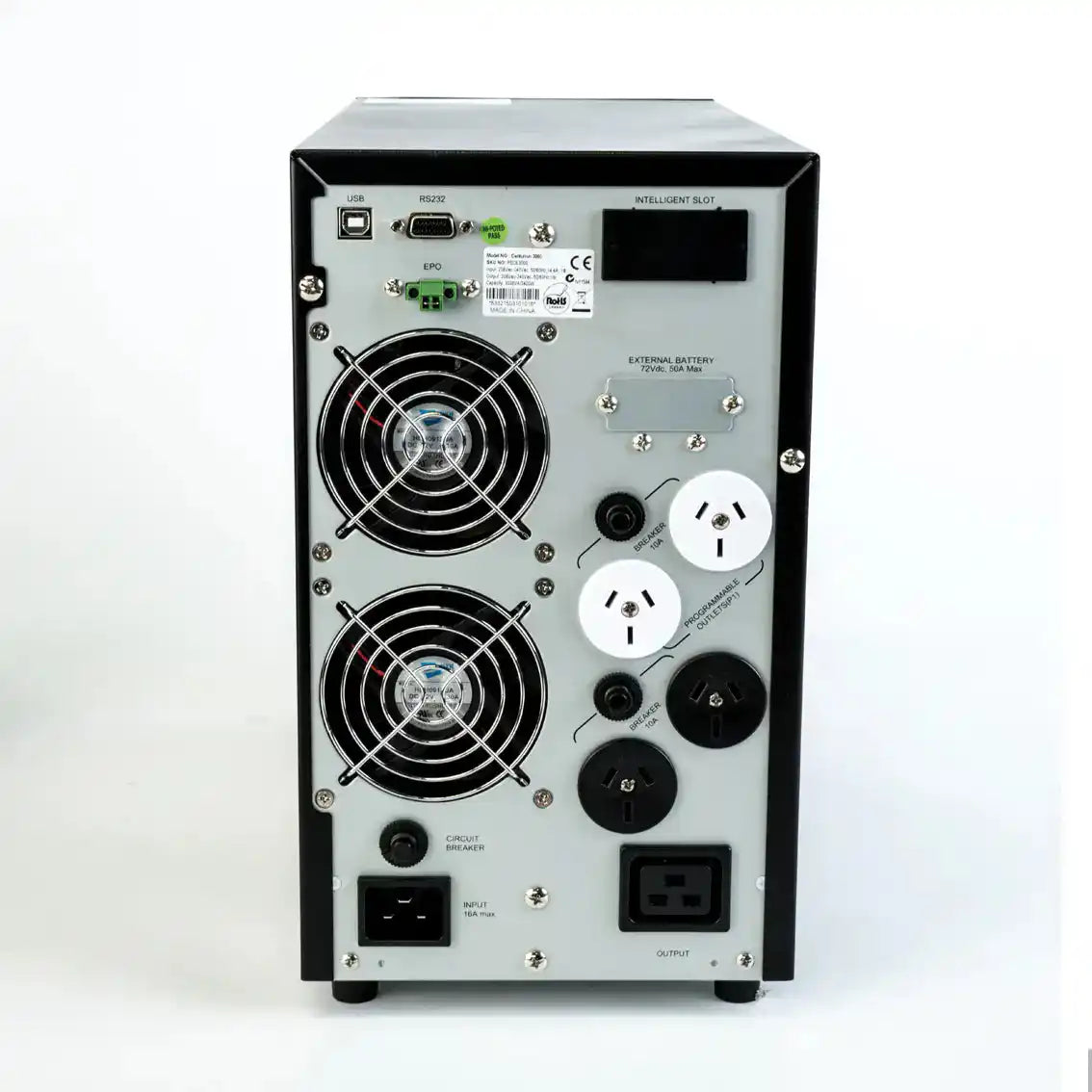 PSCE3000 - PowerShield Centurion 3000VA, rear panel showing fans and connections