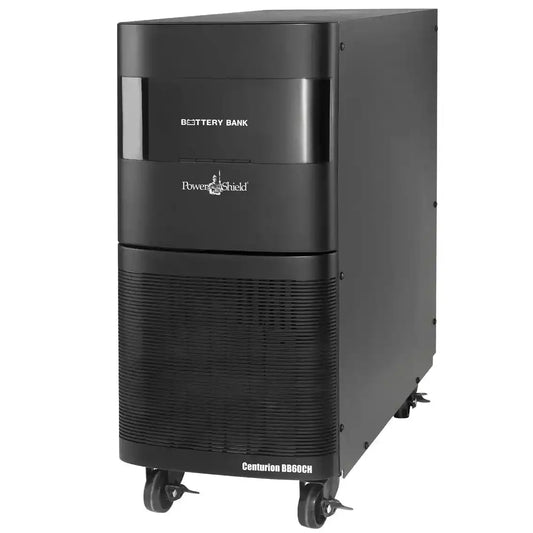 Extended battery with charger for PSCE6000 and PSCE10K, tall battery cabinet on wheels, side view