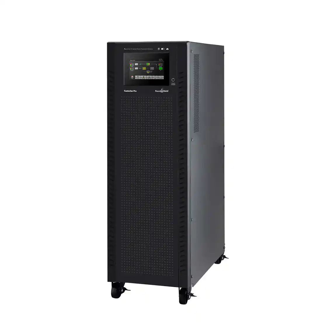 Centurion Pro Three Phase 30kVA-30kW 3-3 with 64 Batteries, tall tower unit angled view