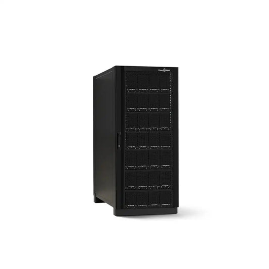 Centurion Pro and Modular Battery Bank 280, dark rectangular power cabinet with vented door, angled view