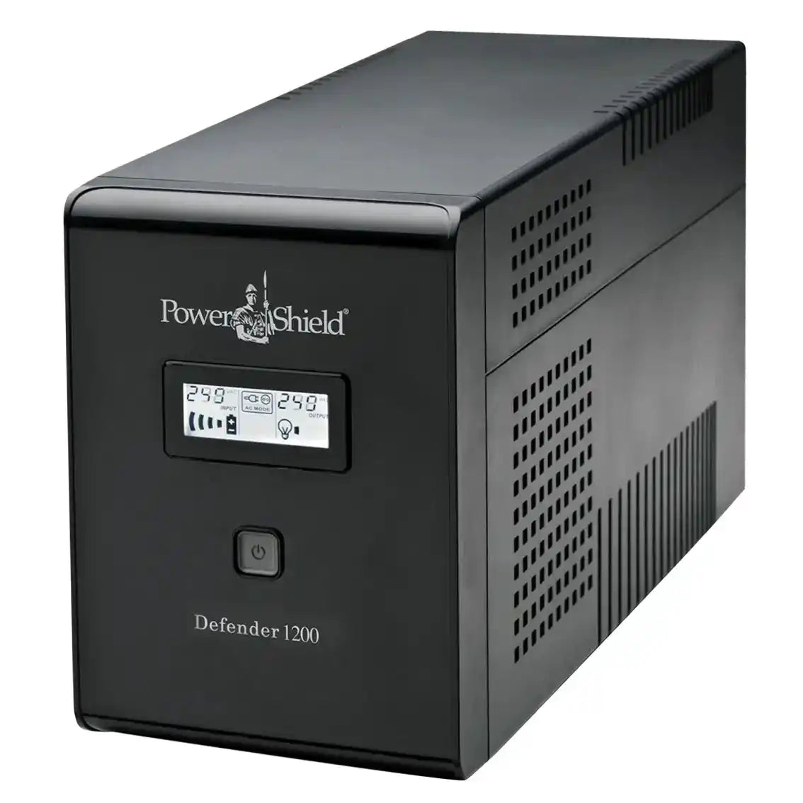 PowerShield Defender 1200VA UPS | AVR, black tower unit angled front view