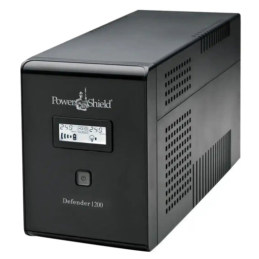 PowerShield Defender 1200VA UPS | AVR, black tower unit angled front view