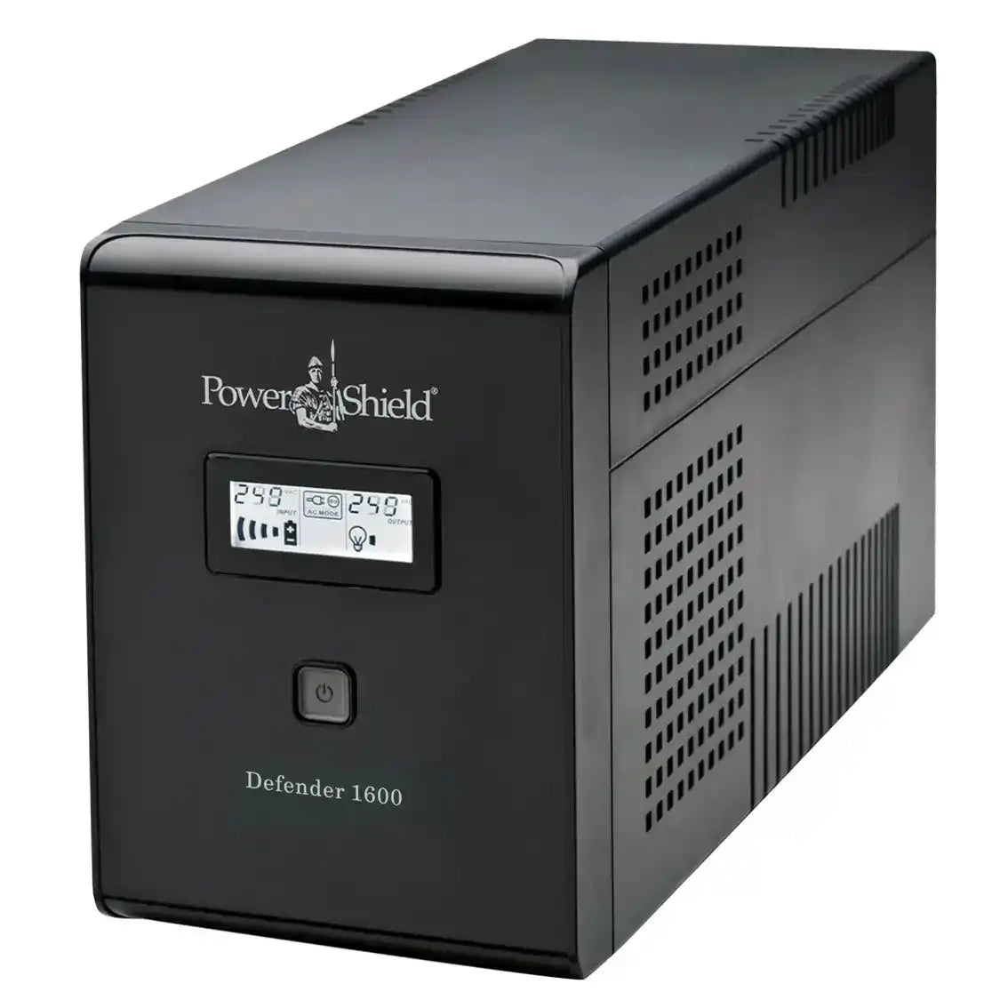 PowerShield Defender 1600VA UPS | AVR, black tower unit angled front view