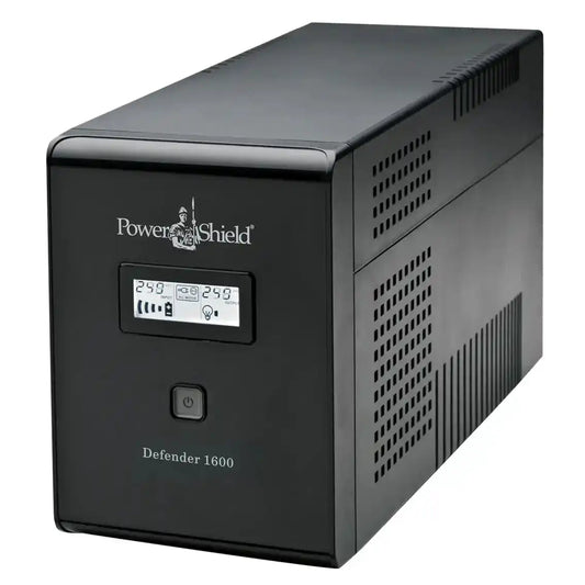 PowerShield Defender 1600VA UPS | AVR, black tower unit angled front view