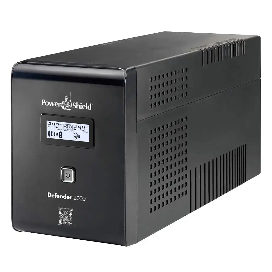 PowerShield Defender 2000VA UPS, black tower unit angled side view