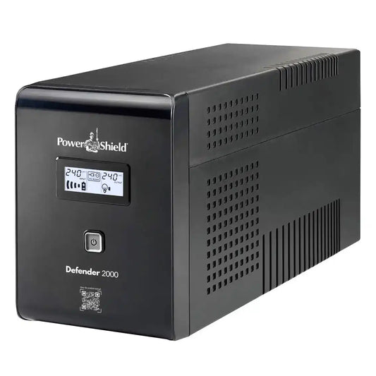 PowerShield Defender 2000VA UPS, black tower unit angled side view