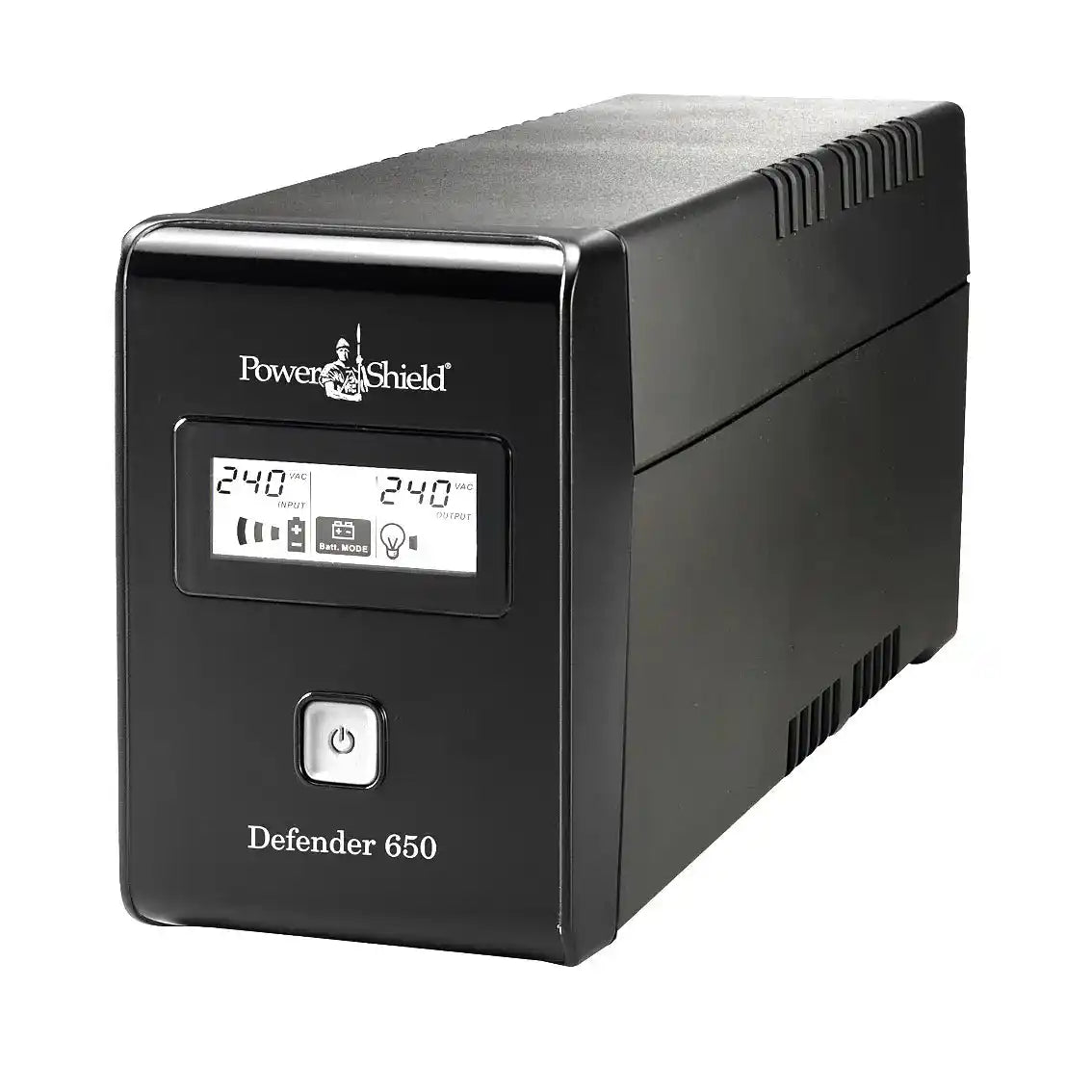 PowerShield Defender 650VA UPS | AVR Backup, tower unit angled view with lcd display