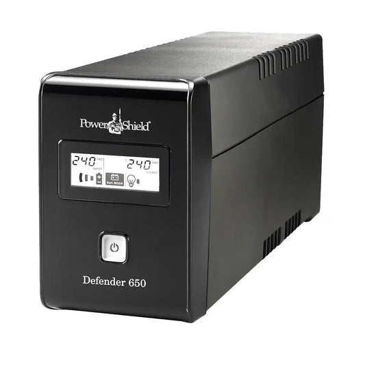 PowerShield Defender 650VA UPS | AVR Backup, tower unit angled view with lcd display