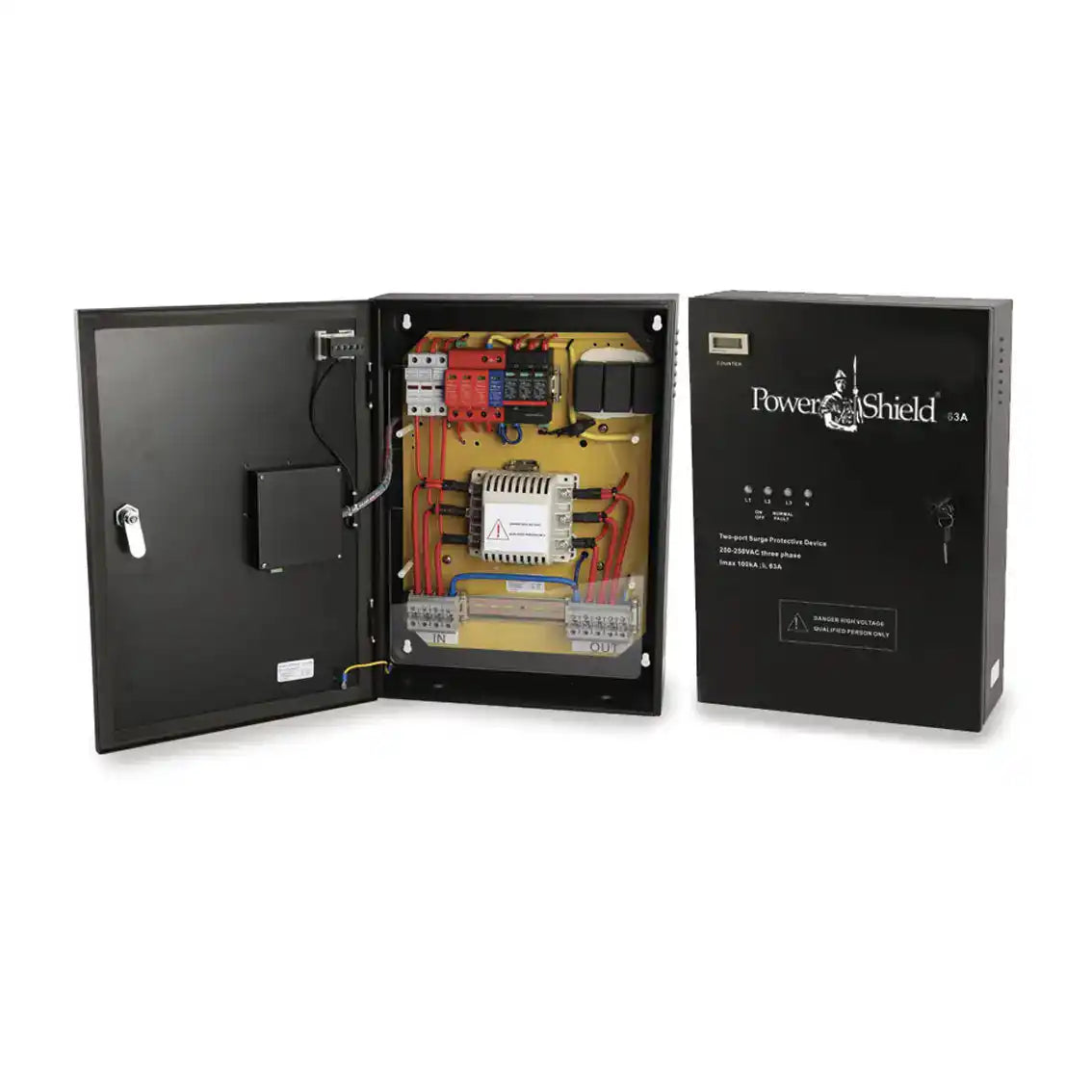 PowerShield 63Amp 3 Phase Wall Mount Surge Filter, front view of wall-mount three-phase protector