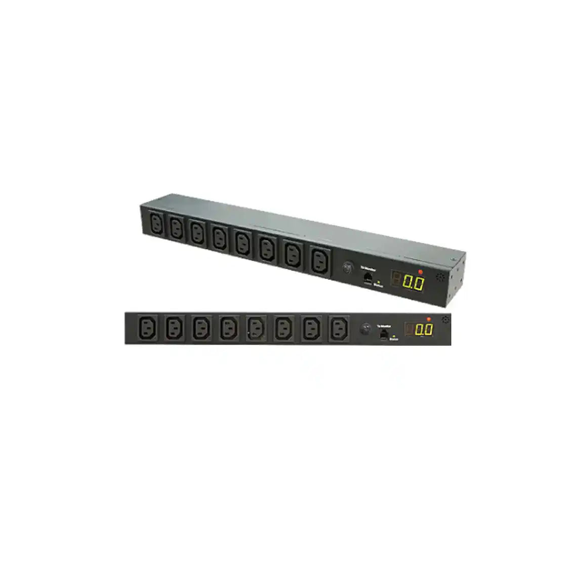 Metered PDU, 8 x 10A IEC outlets, 16A input, two views of horizontal metered outlet distribution strip