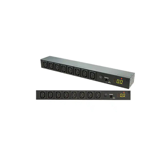 Metered PDU, 8 x 10A IEC outlets, 16A input, two views of horizontal metered outlet distribution strip