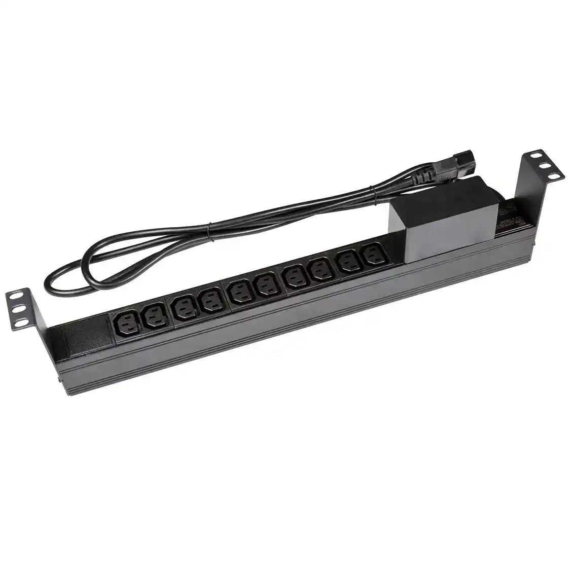 10 Outlet Horizontal IEC C14 Input PDU, horizontal power strip with outlets angled view