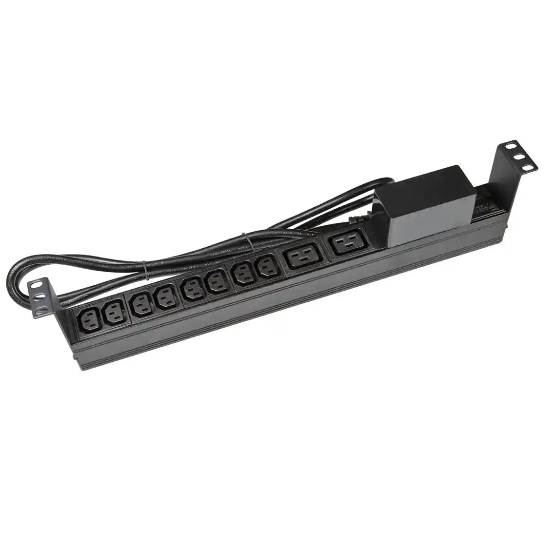 10 Outlet Horizontal IEC PDU C20 Input, horizontal power strip outlets angled view
