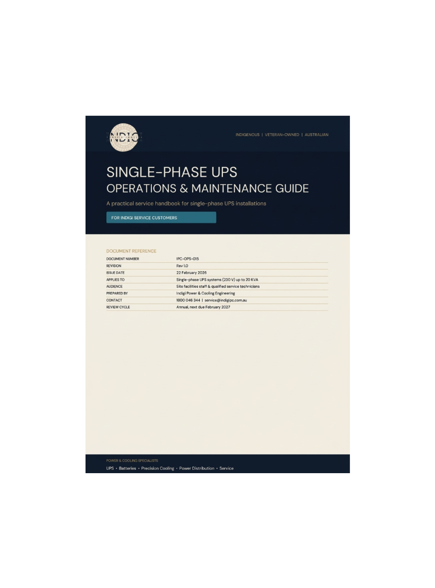 Indigi Power & Cooling Single-Phase UPS Operations and Maintenance Guide cover for backup power systems, UPS battery maintenance, preventative servicing, and critical infrastructure support.
