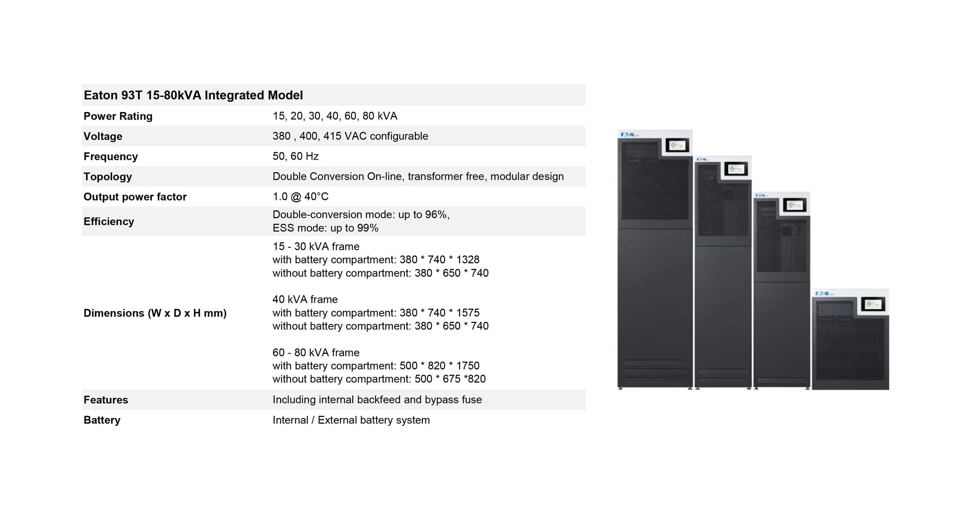 Eaton 93T UPS, tower units display with specifications diagram