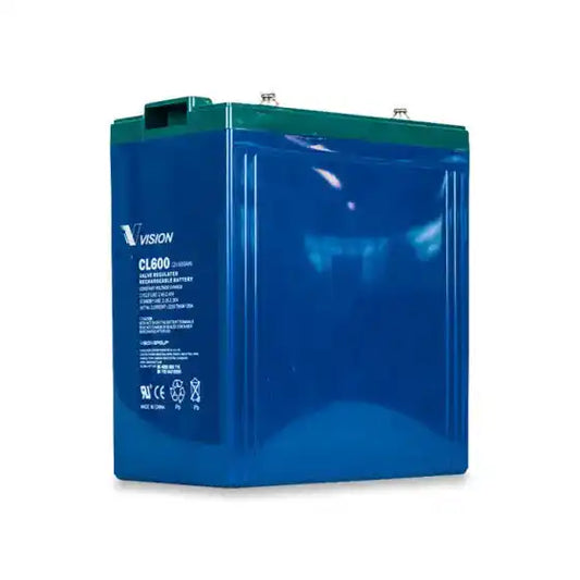 2V 600AH CL SERIES VRLA,AGM | M8 | 302L × 175W × 330H, TOTAL 367H, angled view of blue battery module