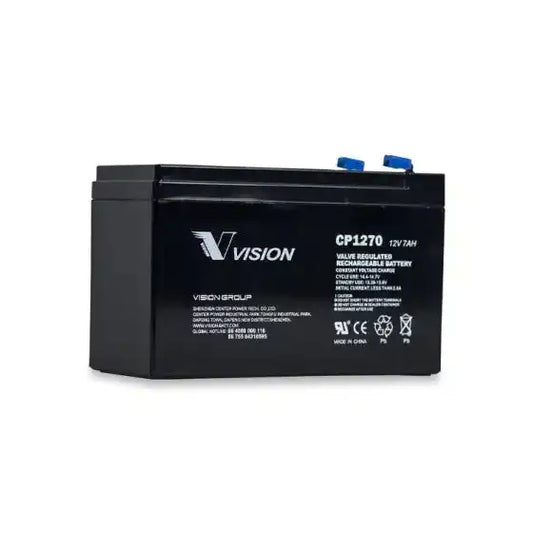 Vision CP1270 12V 7AH | CP SERIES VRLA, black battery pack angled view
