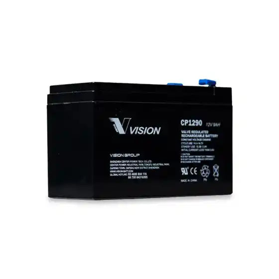 Vision CP1290 12V 9AH | CP SERIES | UPS Replacement Battery, battery with blue terminals angled view