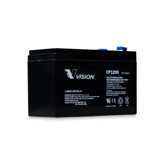 Vision CP1290 12V 9AH | CP SERIES | UPS Replacement Battery, battery with blue terminals angled view