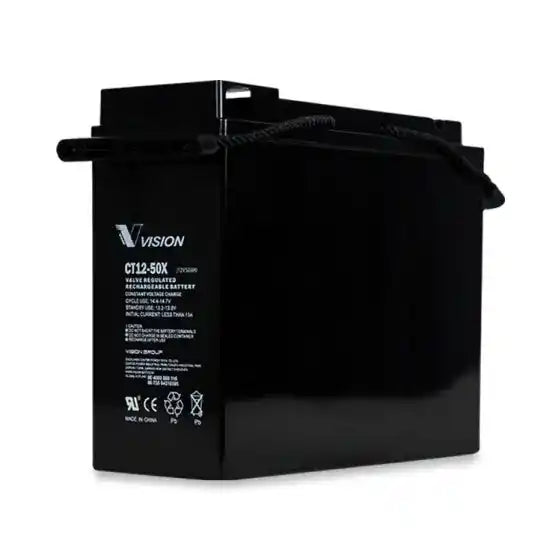 Vision CT1250X 12V 50AH | CT SERIES | 15 YR Battery, cubic battery with carrying handles front view