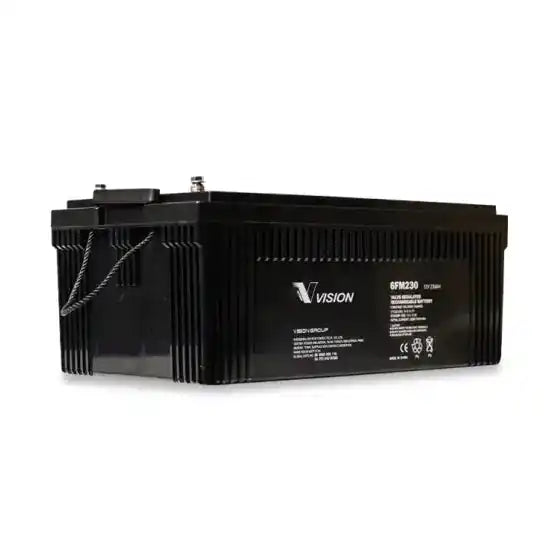 Vision 6FM230-X 12V 230Ah | FM Series, angled view showing ridged side panels