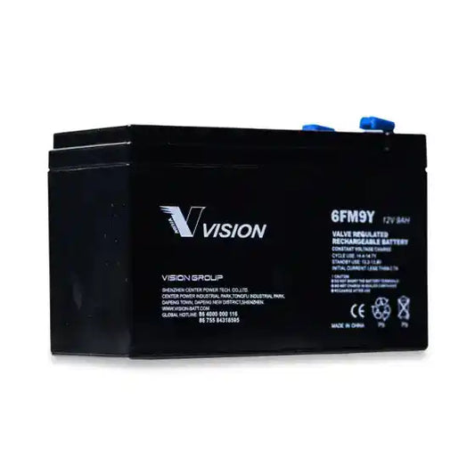 Vision 6FM9Y 12V 9AH | FM SERIES | UPS Battery, small black battery with blue terminals