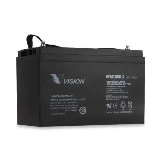 Vision 6FM100D 12V 100AH |FM SERIES, rectangular battery with side handle, angled view