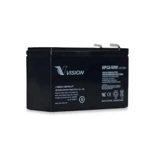 Vision HP12-50W - 12V 9AH | UPS Battery, angled front view of battery