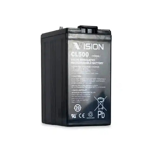 Vision CL500 2V 500AH | CL SERIES | TELCO Battery, black rectangular battery with carry handle
