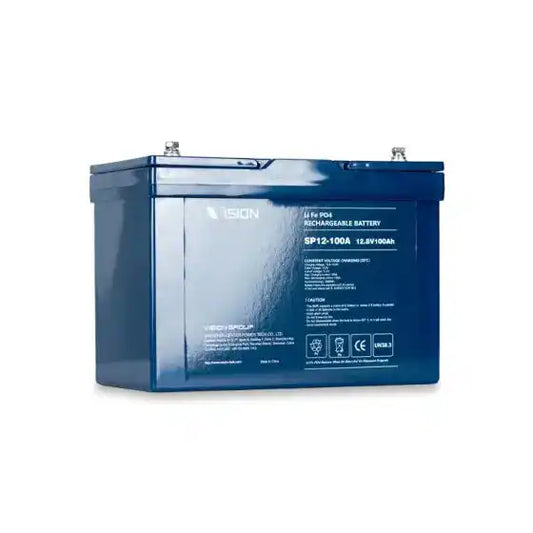 12V 100AH LFP LITHIUM | M8 | 306L × 169W × 215H, TOTAL 215H, blue battery pack angled view