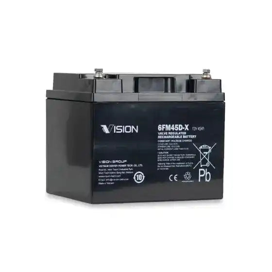 Vision 6FM45D-X 12V 45AH | FM SERIES | UPS Battery, angled view showing top terminal posts