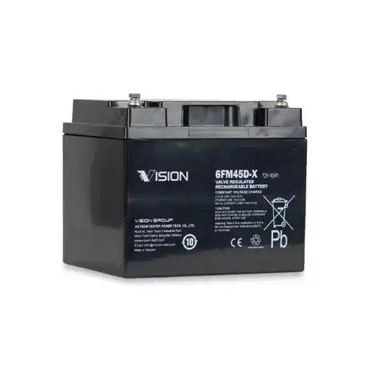 Vision 6FM45D-X 12V 45AH | FM SERIES | UPS Battery, angled view showing top terminal posts