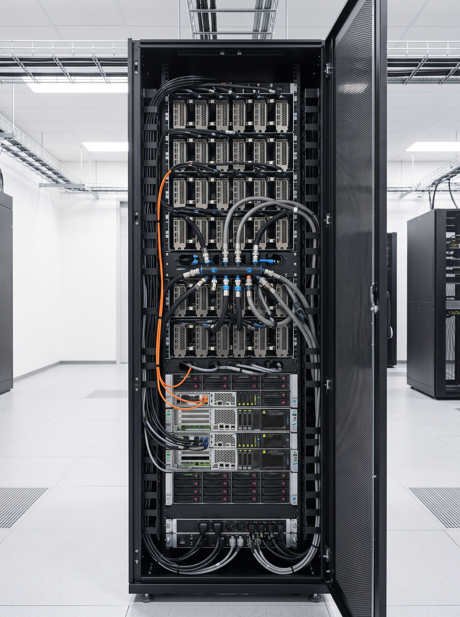 High-density GPU server rack with liquid cooling manifolds in an Australian data centre