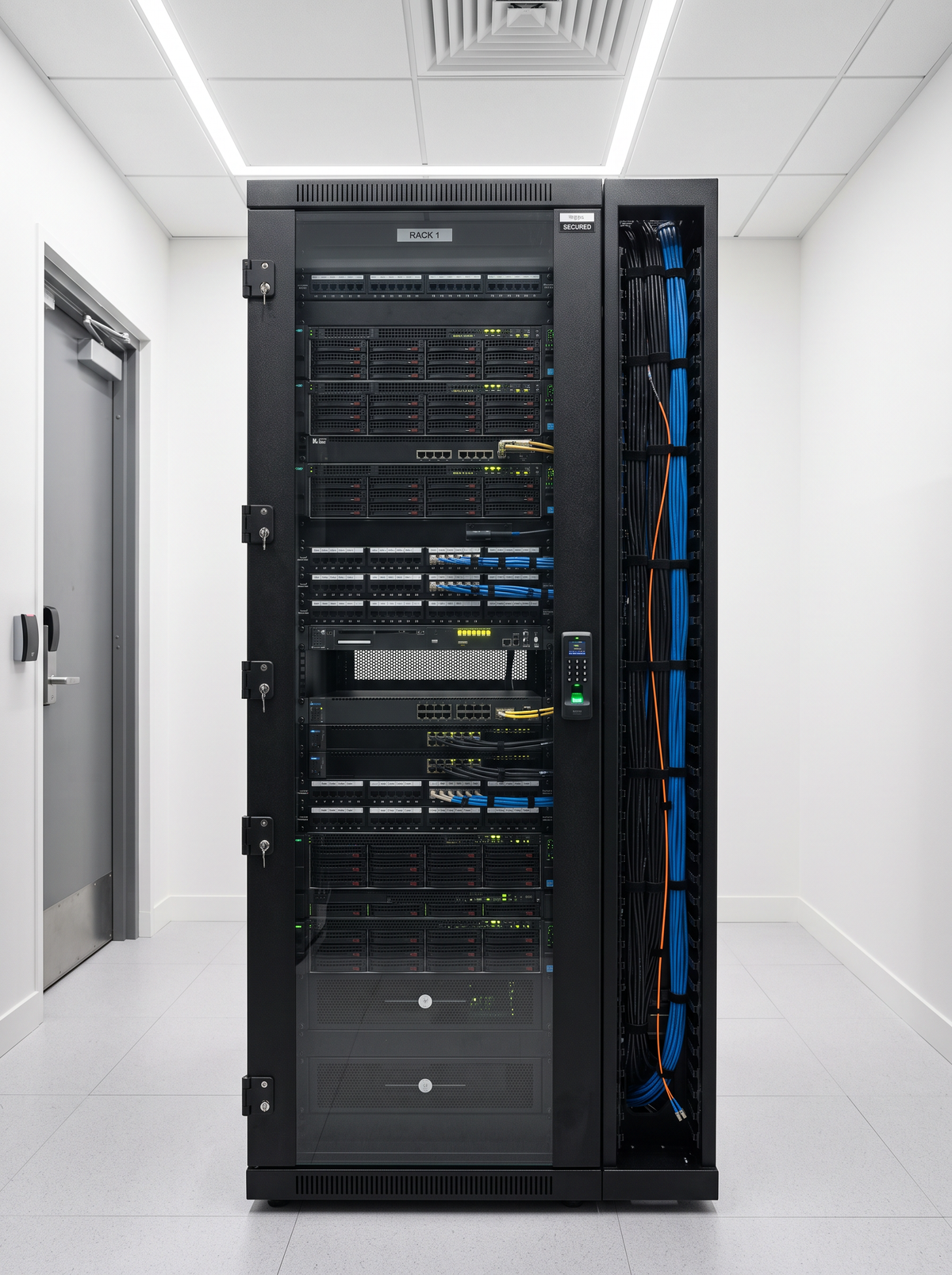 Sealed equipment rack in a secure financial services communications room