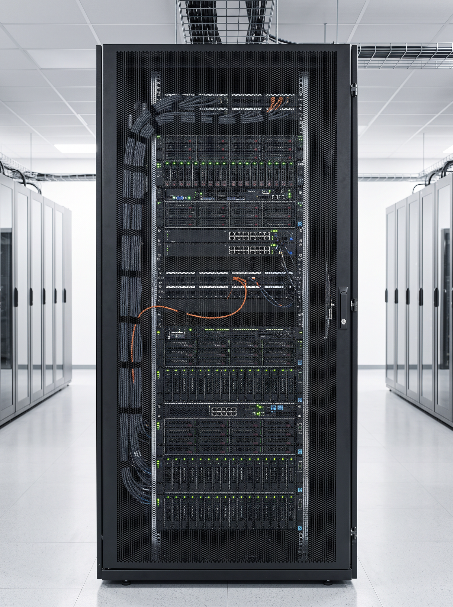 Server rack in a data centre aisle with structured cabling, Australia