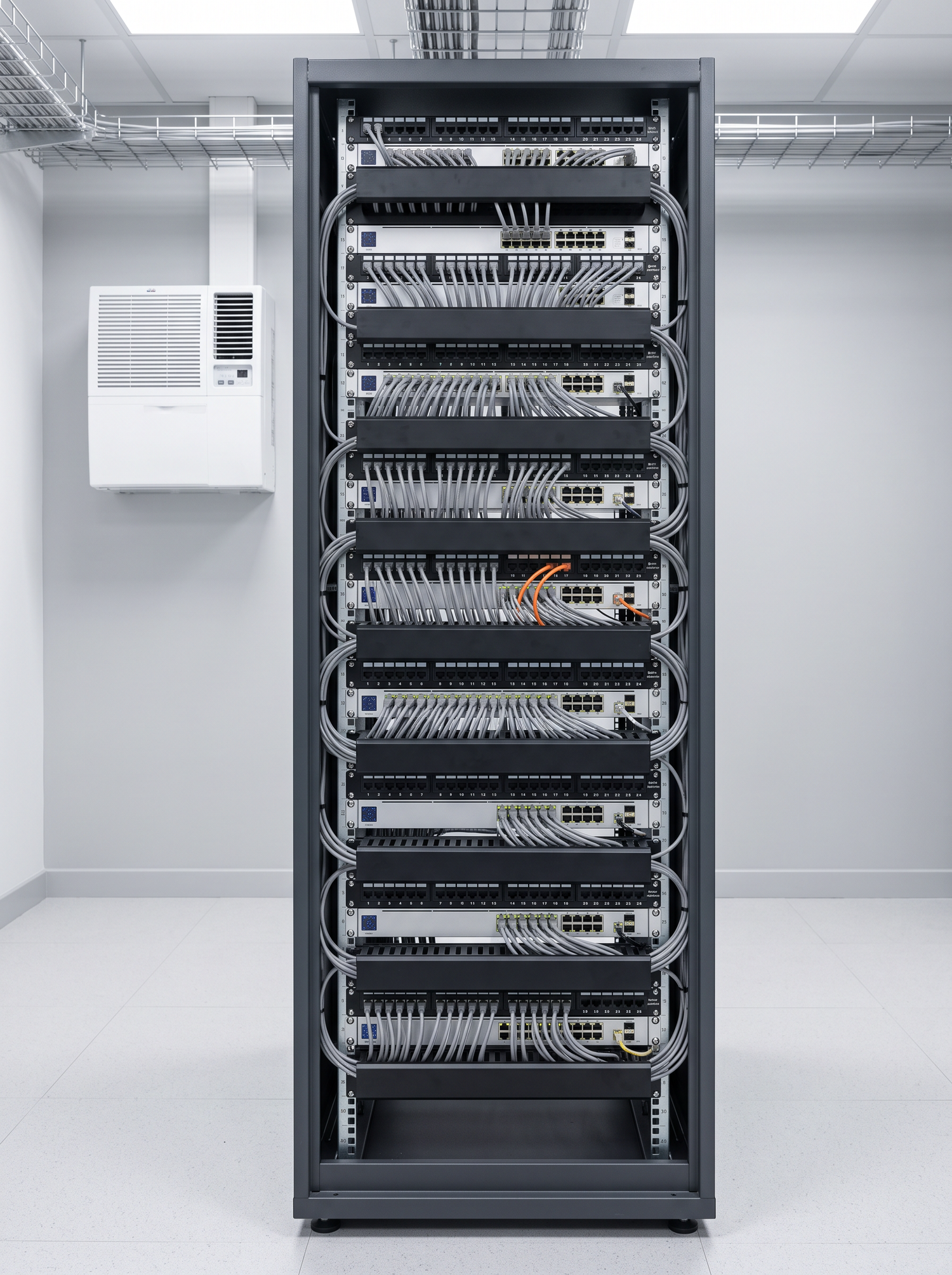 Campus communications rack with patch panels and precision cooling unit