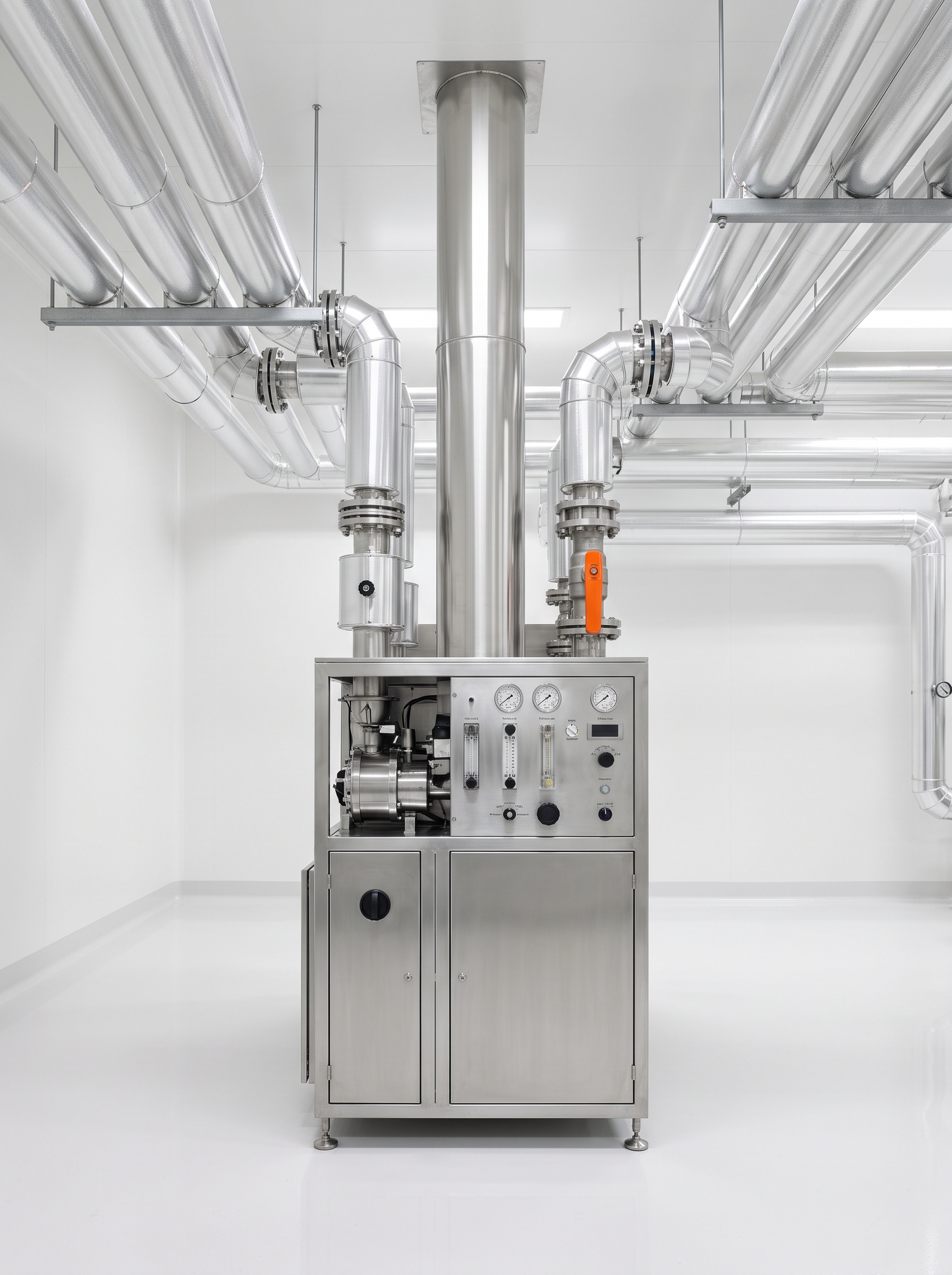 Stainless precision temperature and humidity control unit in a pharmaceutical cleanroom plant space