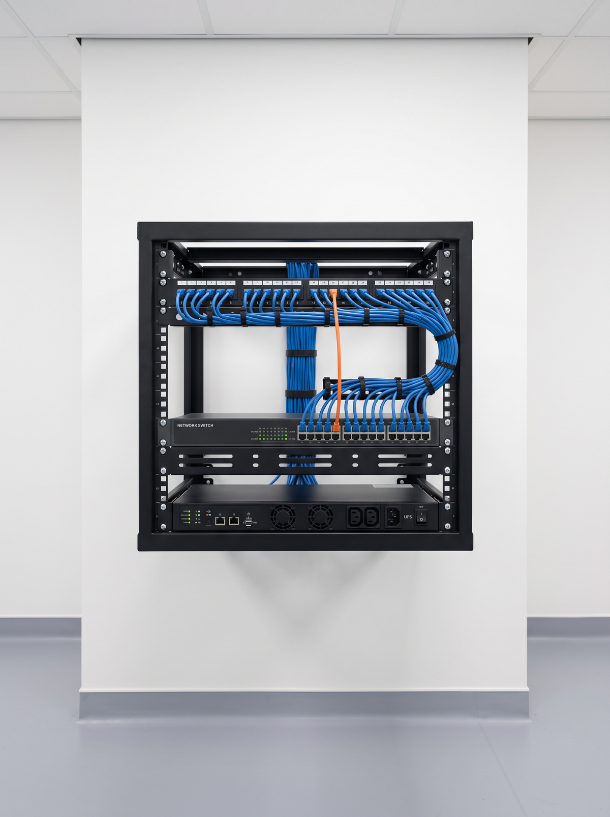 Wall mounted communications rack with UPS in a retail back of house room