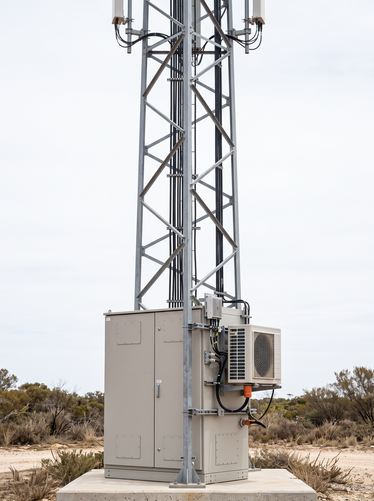 Telecommunications equipment cabinet and cooling unit at the base of a mast