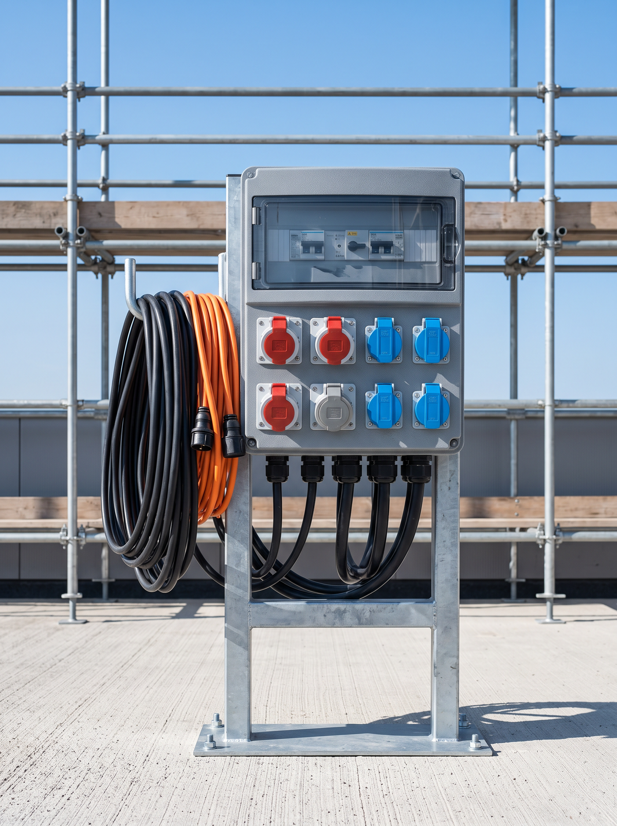 Construction site power distribution board on a steel stand